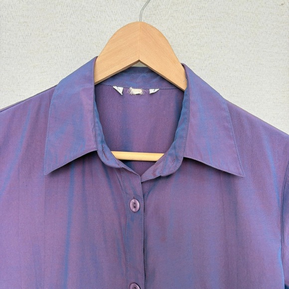 Y2k Iridescent Millennium 2000s Purple Short Sleeve Collared Button Up Shirt Top - Picture 2 of 5
